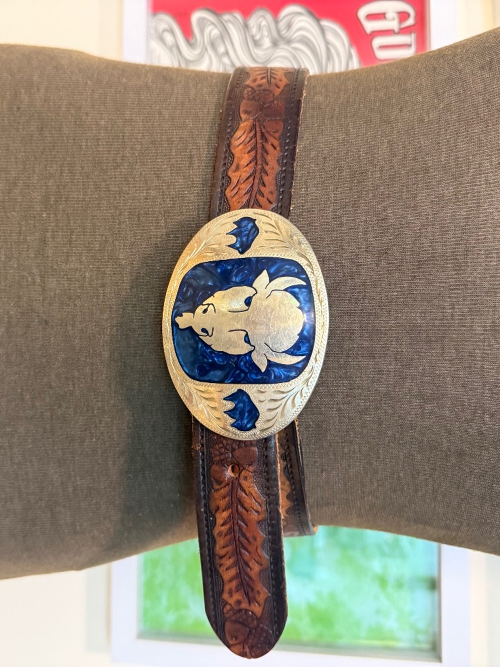 Bison Buffalo Western Paisley Galaxy Blue Pearly Inlay ADM Vintage Belt Buckle